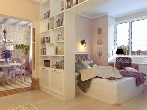 Дизайн придусматривающий зону релакса в одной комнате 18 кважратов с отдельным освещением