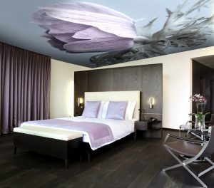 Невероятно красивая и безопасная фото-печать натяжного потолка в данной спальне