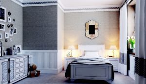 Белый плинтус в светлом интерьере спальни