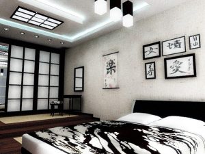 Черно-белая спальня в японском стиле интерьера
