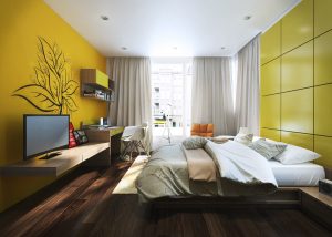 Интерьер в желтом цвете для спальни