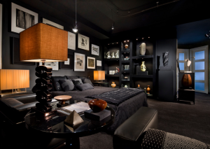 Красивый интерьер спальни в насыщенном черном цвете