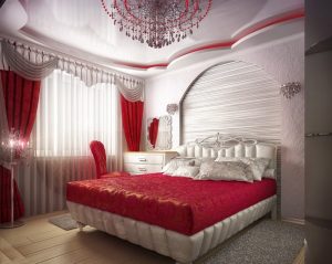 Красная яркая спальная с белыми деталями