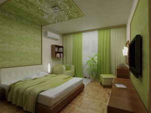 Красота интерьера зеленой спальни