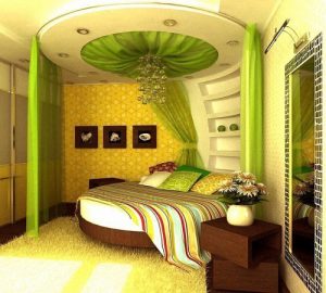 Необычный дизайн спальни в зеленом цвете