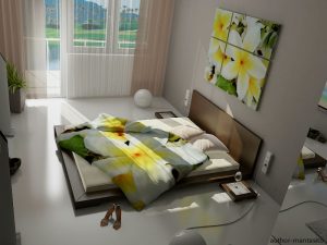 Релаксирующий иньерьер зеленой спальни