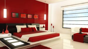 Современный дизайн яркой красной спальни
