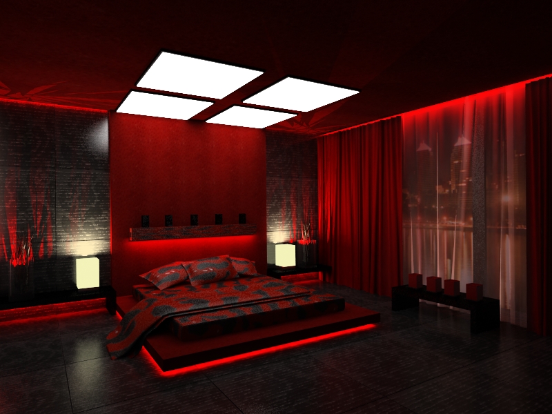 красная кровать в интерьере спальни