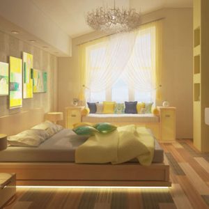 Желтая яркая спальня в доме